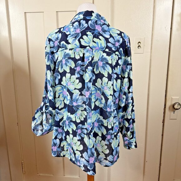Charter Club Luxury 100% Linen Button Down Shirt Blue Floral 1X Vacation Resort - Picture 5 of 8